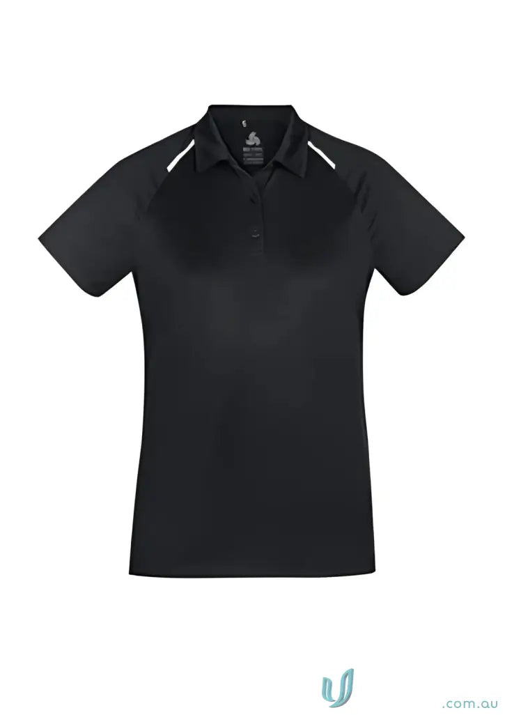 Black ladies academy polo with white shoulder stripes from Biz Collection Ladies P012LS