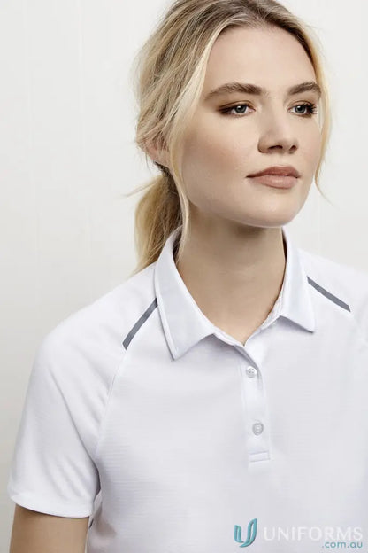 Ladies Academy Polo from Biz Collection Ladies featuring a white polo with gray accents