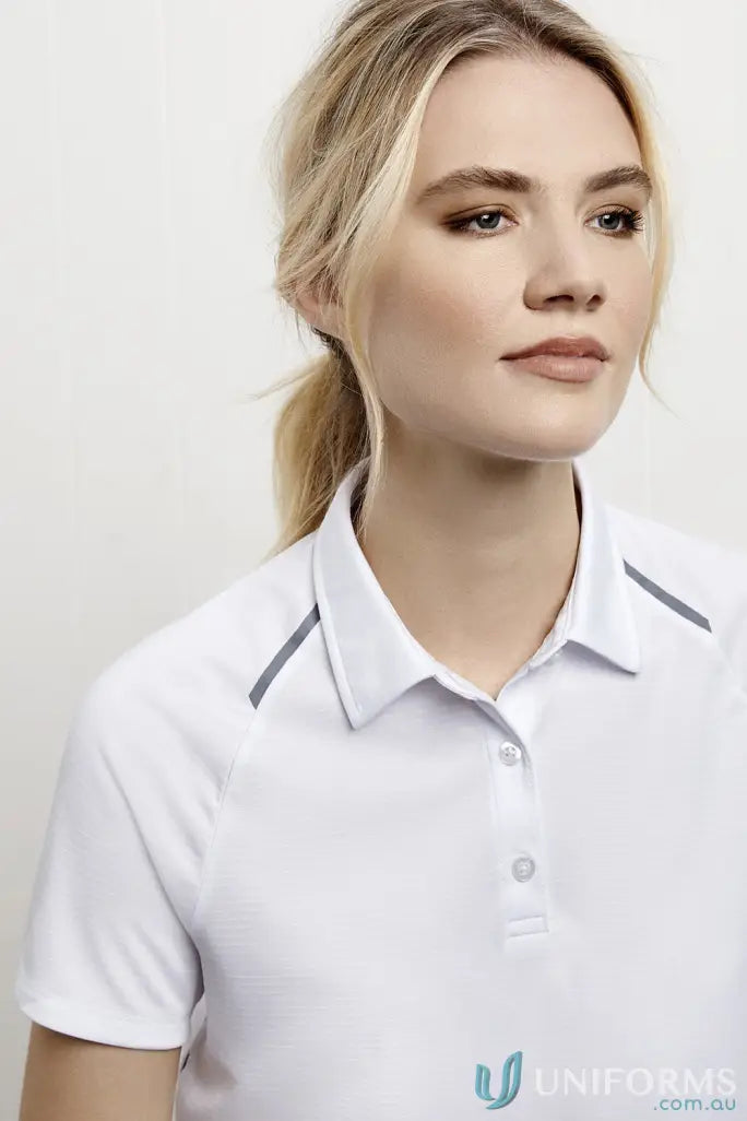 Ladies Academy Polo from Biz Collection Ladies featuring a white polo with gray accents