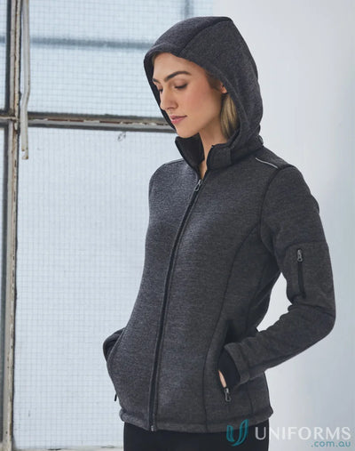 Gray hooded zip-up jacket from Ladies Acland Jacket collection showcasing practical design and hands warm features