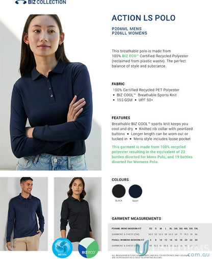 Ladies Action LS Polo in breathable sports knit with p206ll certified recycled pet fabric