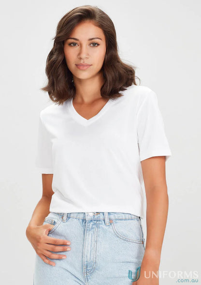 Lady wearing a white V-neck T-shirt from the Ladies Aero Tee Biz Collection ladies for quality work uniforms