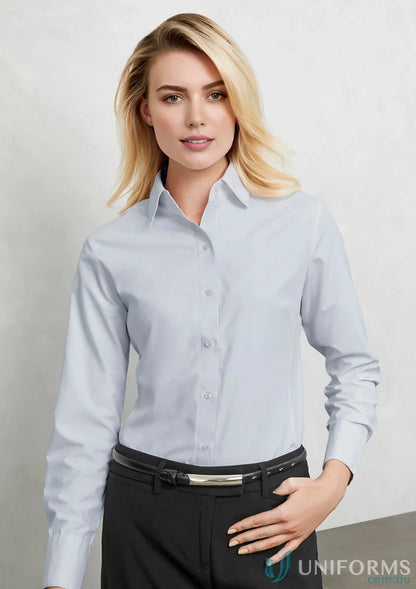 Women’s ambassador long sleeve light blue shirt with black trousers and belt for biz collection ladies