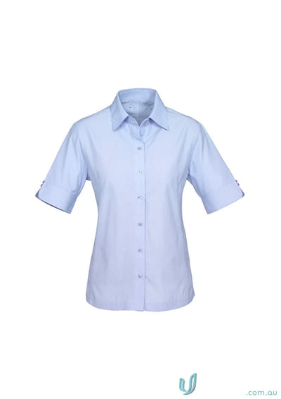 Light blue women’s ambassador short sleeve shirt with rolled cuffs from Biz Collection