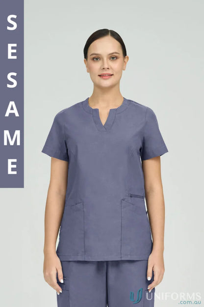 Ladies Amelia Scrub Top with princess seams and zip pocket in slate blue