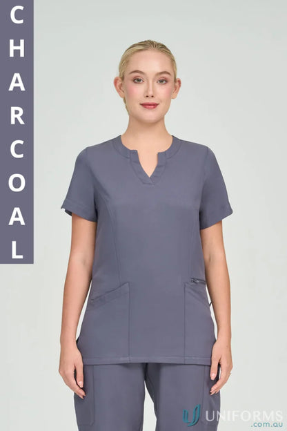 Charcoal-colored Ladies Anna Scrub Top with princess seams and subtle shaping for a flattering fit