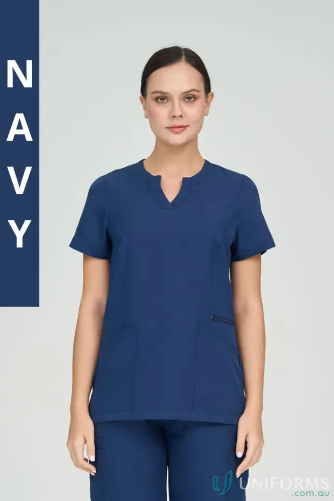 Navy blue Ladies Anna scrub top with princess seams from City Collection Ladies