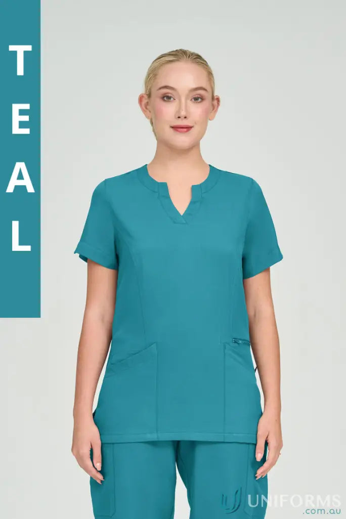 Teal Ladies Anna scrub set with princess seams from City Collection Ladies on model