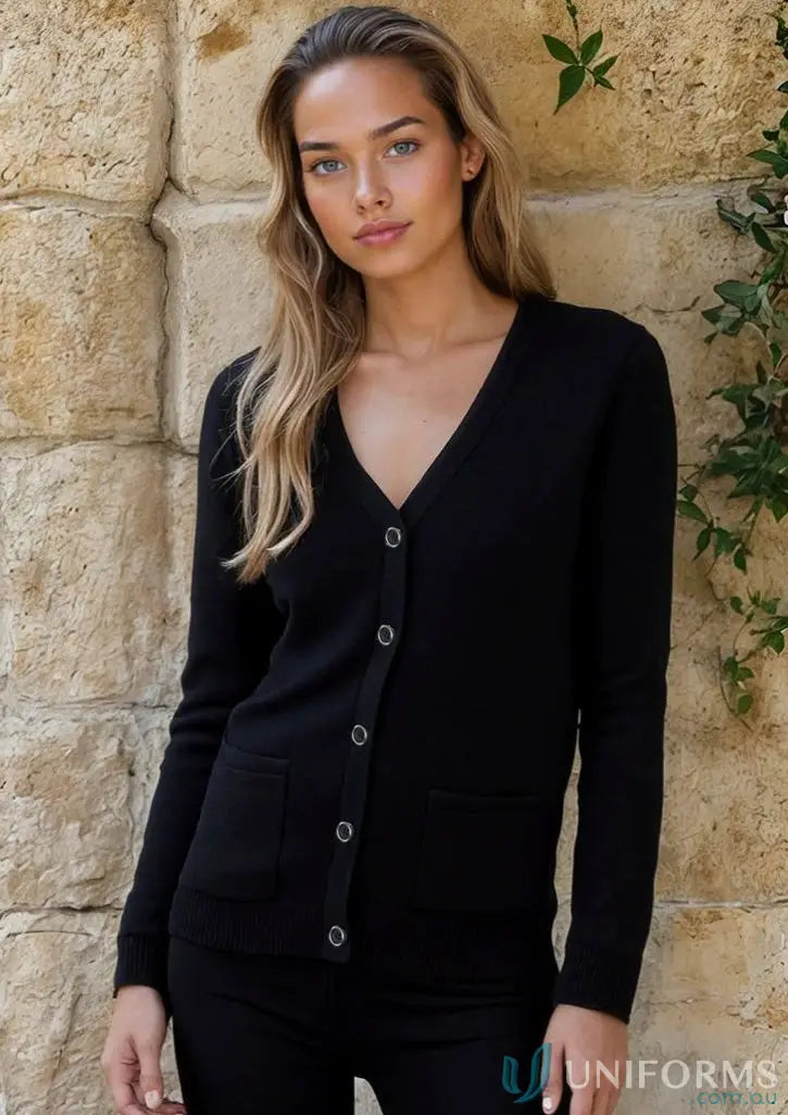 Black ladies anti-bacterial knitted cardigan with classic fit, silver buttons, and pockets