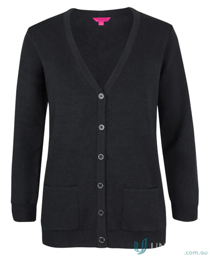 Ladies anti-bacterial black V-neck cardigan with five buttons and front pockets