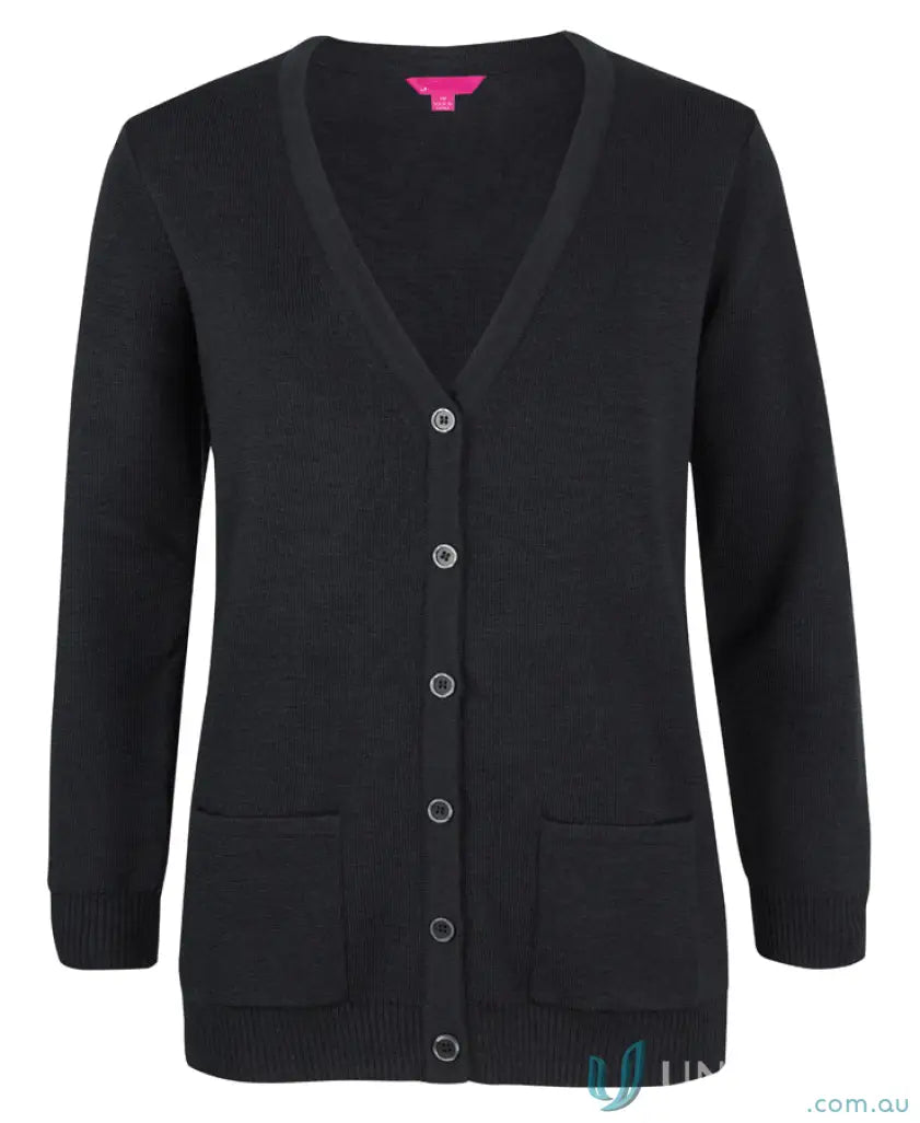 Ladies anti-bacterial black V-neck cardigan with five buttons and front pockets