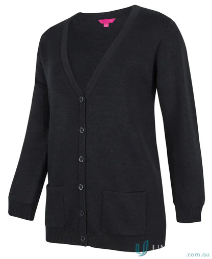 Black ladies anti-bacterial knitted cardigan with v-neck, buttons, and front pockets