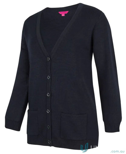 Dark blue ladies anti-bacterial knitted cardigan with classic fit and easy care design
