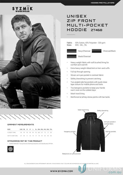 Men’s multi-pocket zip-front hoodie on a ladies anti-bacterial easy care classic fit cardigan