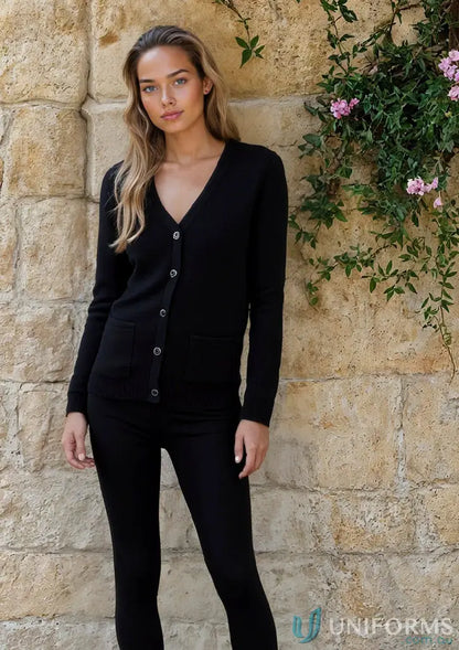 Ladies anti-bacterial knitted cardigan with classic fit and easy care in black