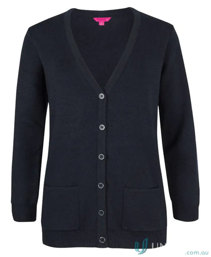 Dark blue ladies anti-bacterial knitted cardigan with V-neck, silver buttons, and pockets