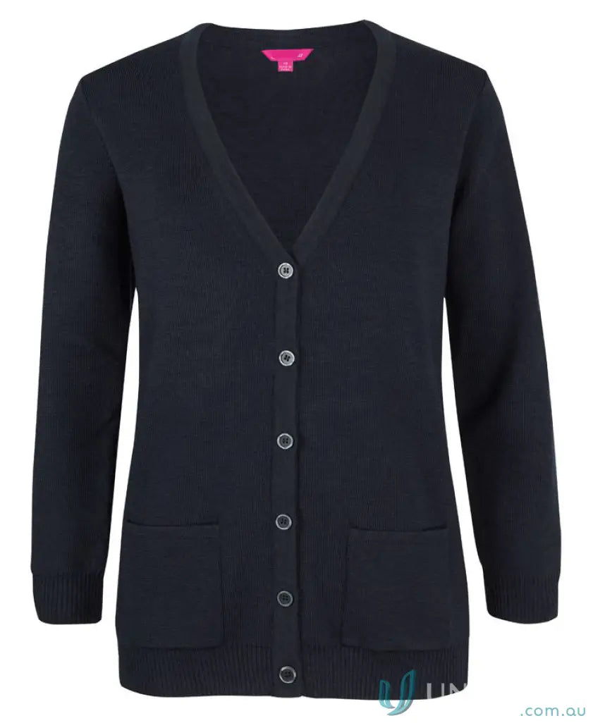 Dark blue ladies anti-bacterial knitted cardigan with V-neck, silver buttons, and pockets