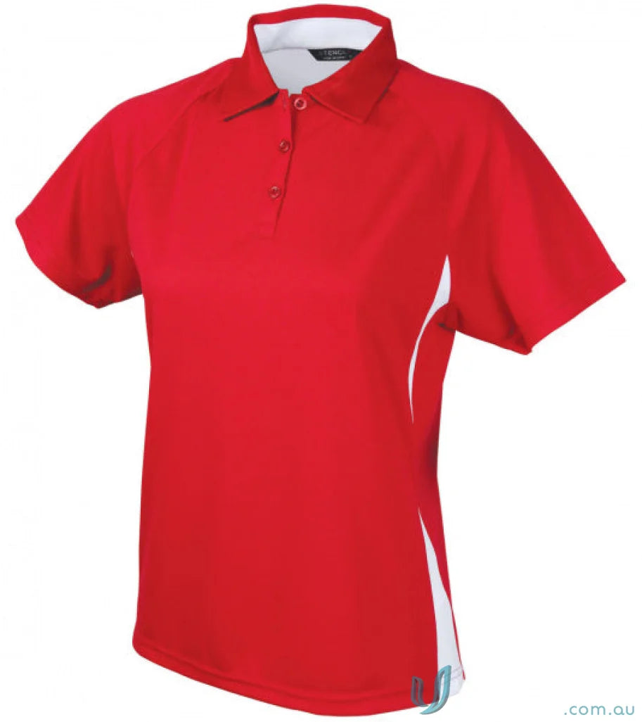 Ladies Arctic Polo in red and white, perfect for uniforms and workwear stylishly designed
