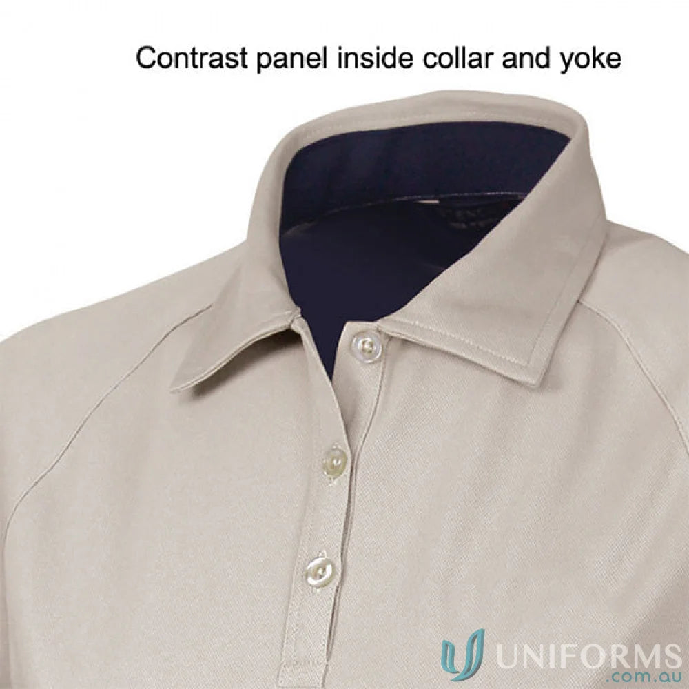 Ladies Arctic Polo with tan collar and navy contrast panel, perfect workwear or uniforms