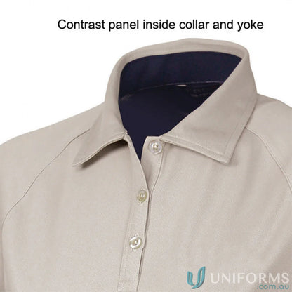 Ladies Arctic Polo with tan collar and navy contrast panel, perfect workwear or uniforms