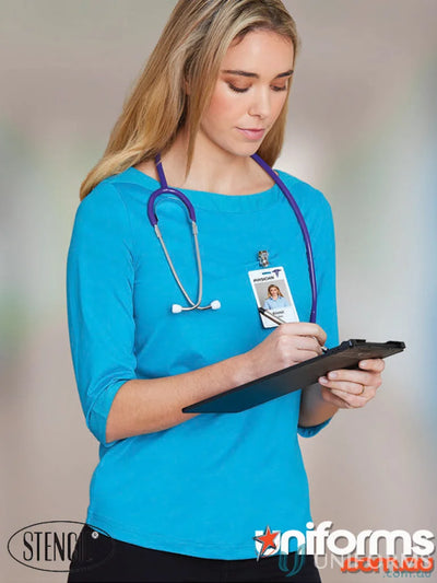 Medical professional in blue top with stethoscope and clipboard, perfect for cool dry uniforms workwear
