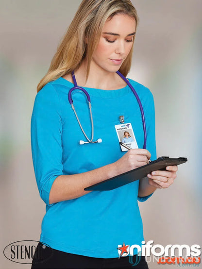 Medical professional in blue top with stethoscope and clipboard, perfect for cool dry uniforms workwear