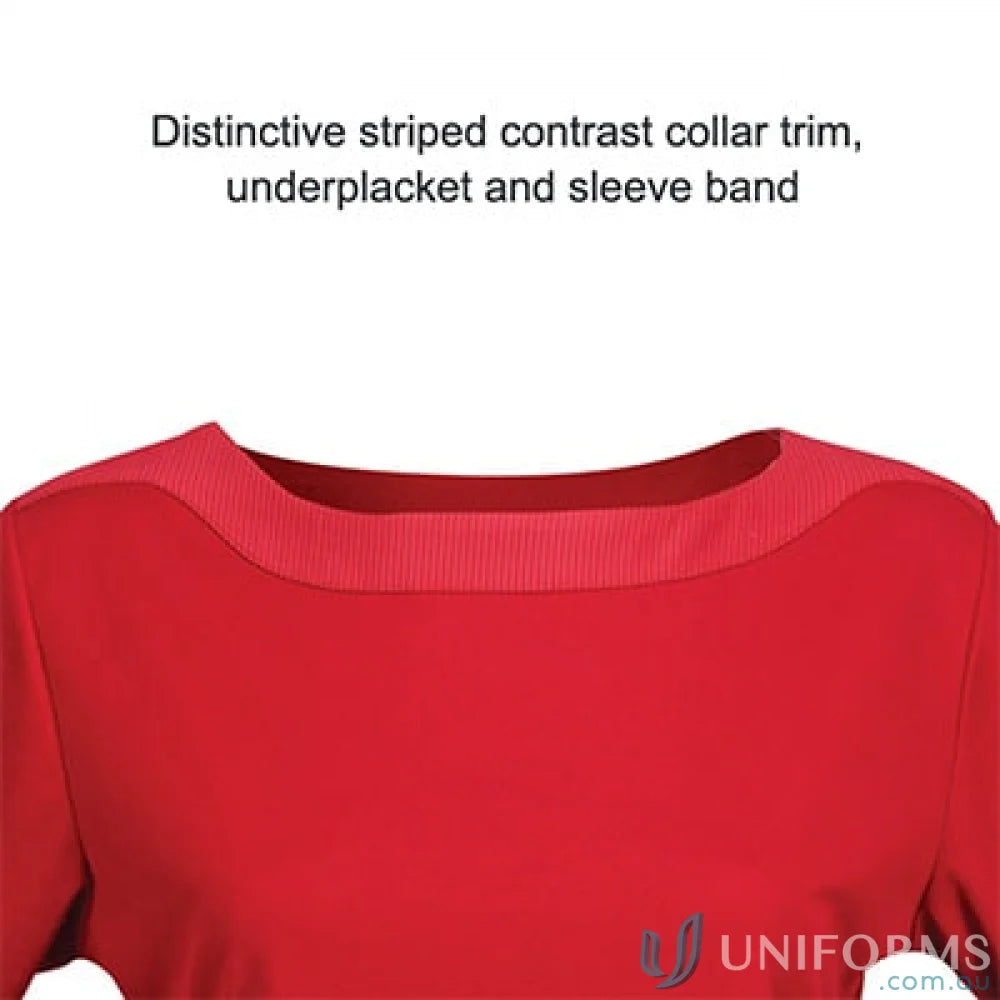 Ladies Argent Top with a red top and striped collar perfect for cool dry® workwear uniforms