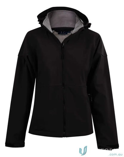 Black hooded softshell jacket on ladies Aspen softshell hoodie for stylish outdoor wear