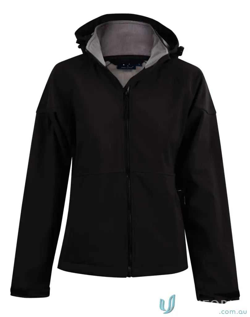Black hooded softshell jacket on ladies Aspen softshell hoodie for stylish outdoor wear
