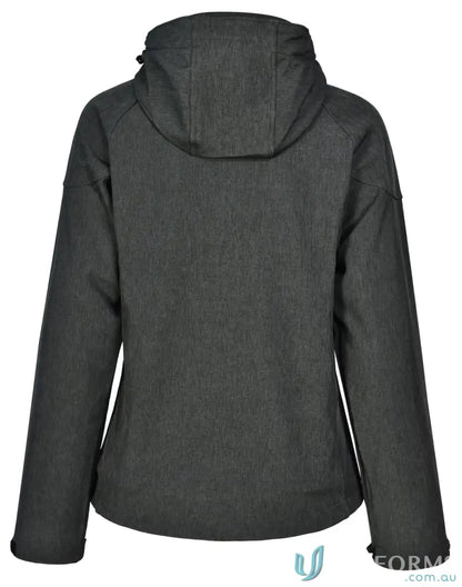 Gray hooded softshell jacket from Ladies Aspen Softshell collection, comfy jk34 aspen softshell gear