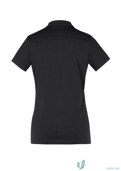 Black short-sleeved polo shirt from Ladies Aston Polo in cotton jersey knit style