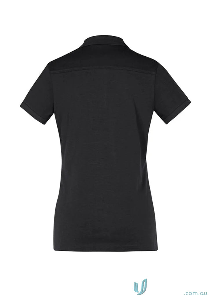 Black short-sleeved polo shirt from Ladies Aston Polo in cotton jersey knit style