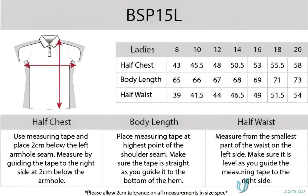 Clothing size chart for Ladies Auburn Polo with cooldry micromesh and loose pocket style