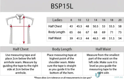 Clothing size chart for Ladies Auburn Polo with cooldry micromesh and loose pocket style