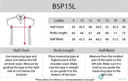 Clothing size chart for Ladies Auburn Polo with cooldry micromesh and loose pocket style