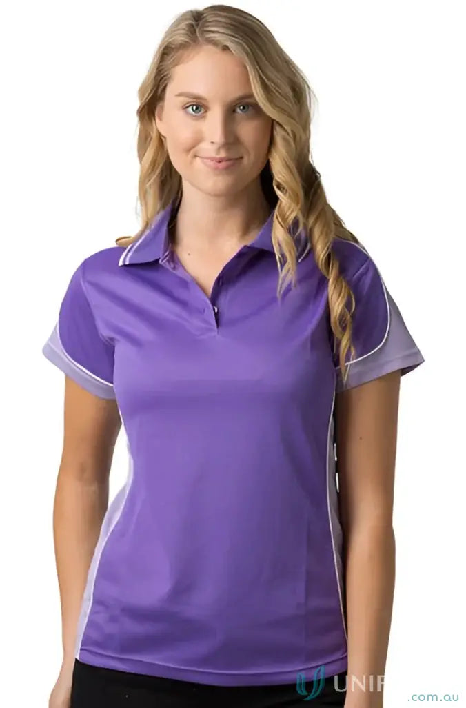 Woman wearing Ladies Auburn Polo in purple and white with a loose pocket, feeling fresh