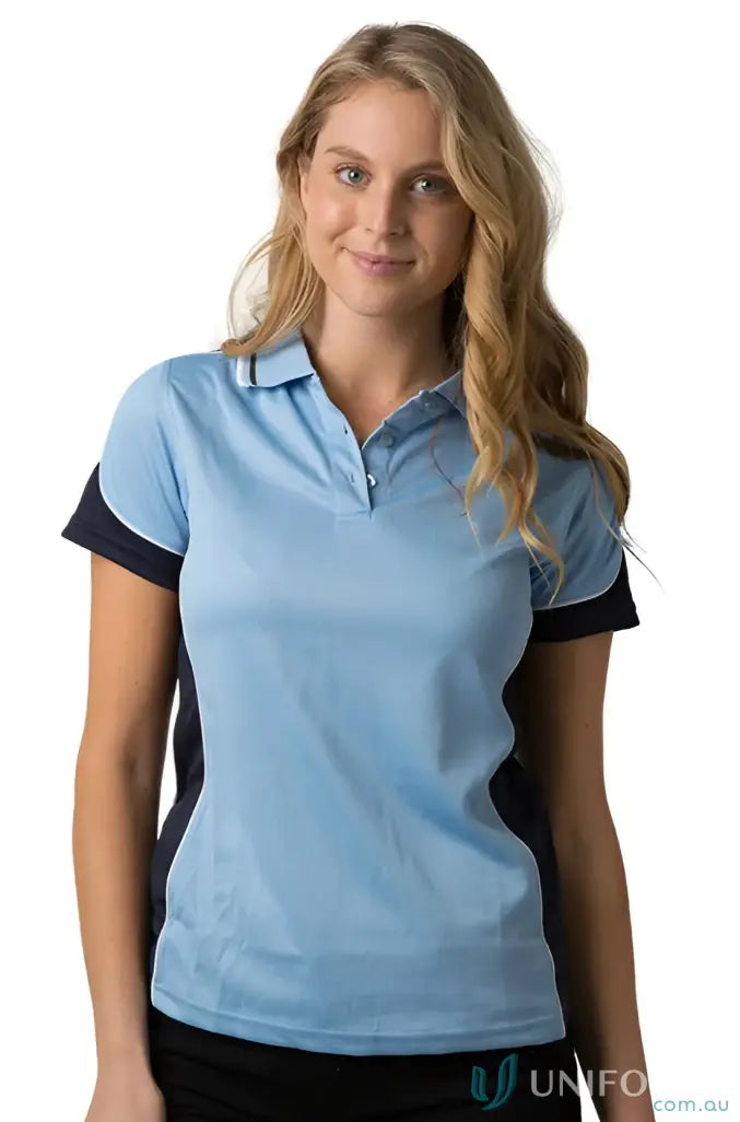 Ladies Auburn Polo in blue and navy with loose pocket, perfect for feeling fresh and cooldry micromesh comfort