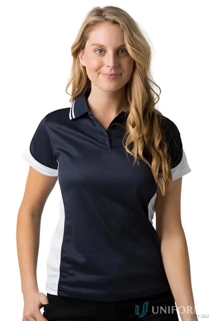 Woman wearing Ladies Auburn Polo in navy and white, feeling fresh and cooldry micromesh