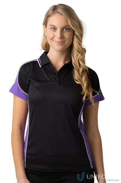 Ladies Auburn Polo woman feeling fresh in black and purple cooldry micromesh shirt