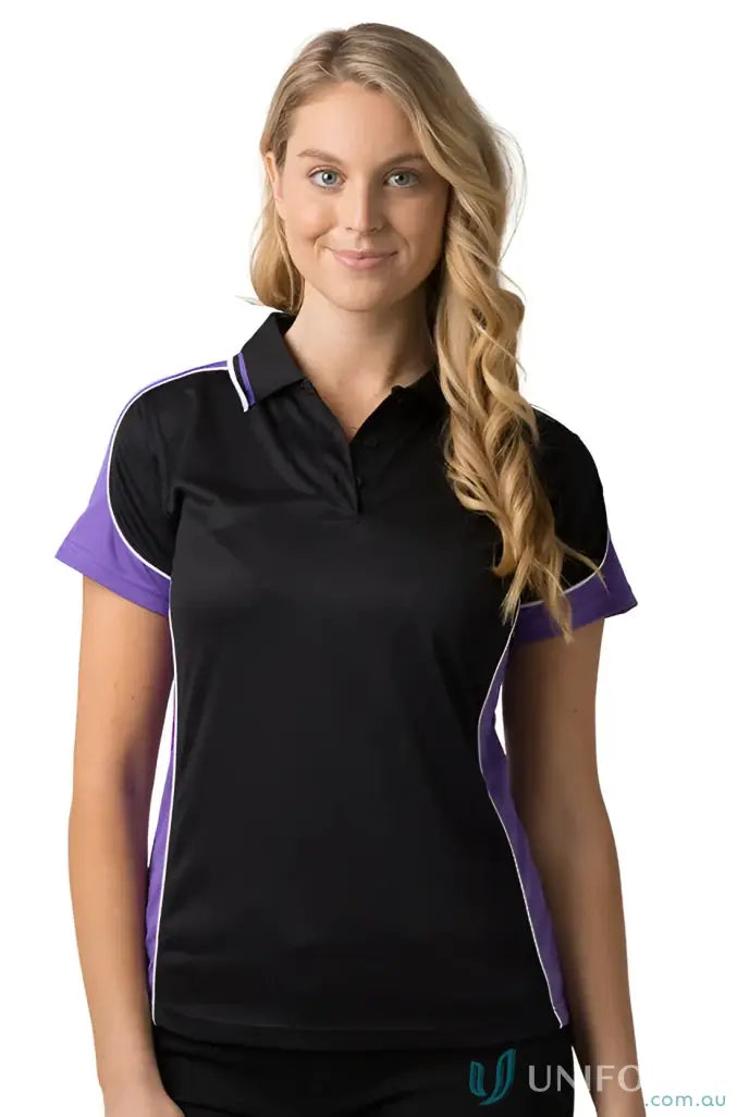 Ladies Auburn Polo woman feeling fresh in black and purple cooldry micromesh shirt