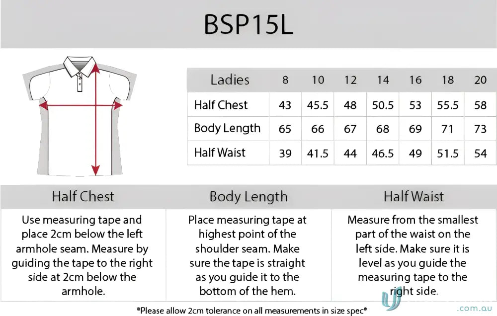 Clothing size chart for Ladies Auburn Polo with cooldry micromesh and loose pocket style