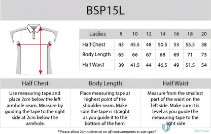 Clothing size chart for Ladies Auburn Polo with cooldry micromesh and loose pocket style