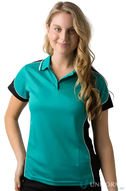 Woman wearing a Ladies Auburn Polo made from cooldry micromesh fabric, feeling fresh