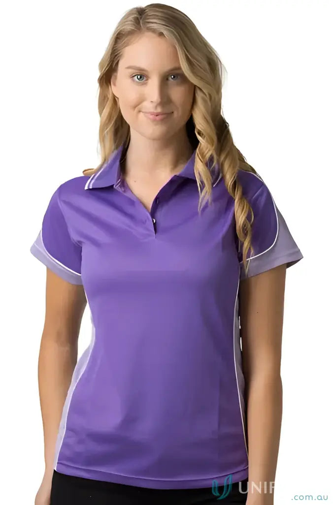 Woman wearing Ladies Auburn Polo in purple and white with a loose pocket, feeling fresh