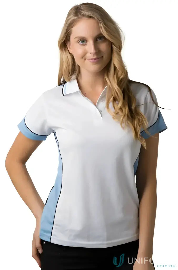Ladies Auburn Polo with feeling fresh white and blue cooldry micromesh fabric and loose pocket