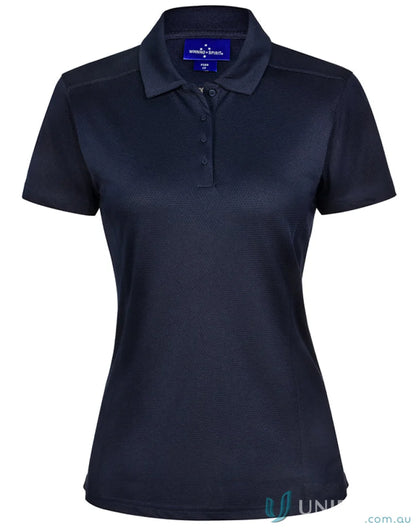 Navy blue women’s polo shirt made from spirit bamboo charcoal fabric for a charcoal corporate look