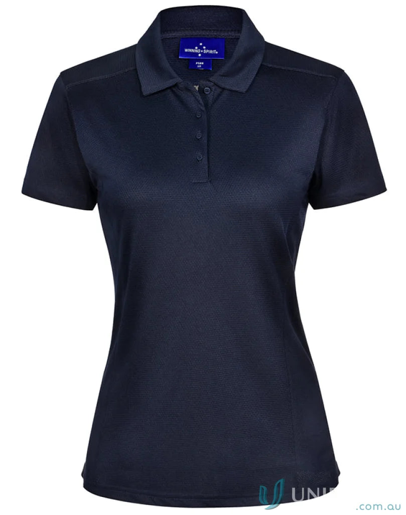 Navy blue women’s polo shirt made from spirit bamboo charcoal fabric for a charcoal corporate look