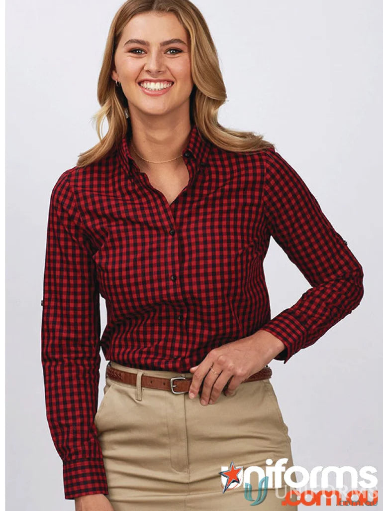 Ladies Barrett Long Sleeve Shirt in red and black checkered pattern perfect for casual wear