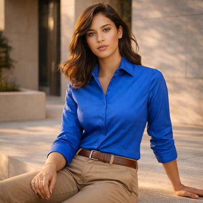Vibrant royal blue womens Monaco shirt with french cuffs and tailored fit