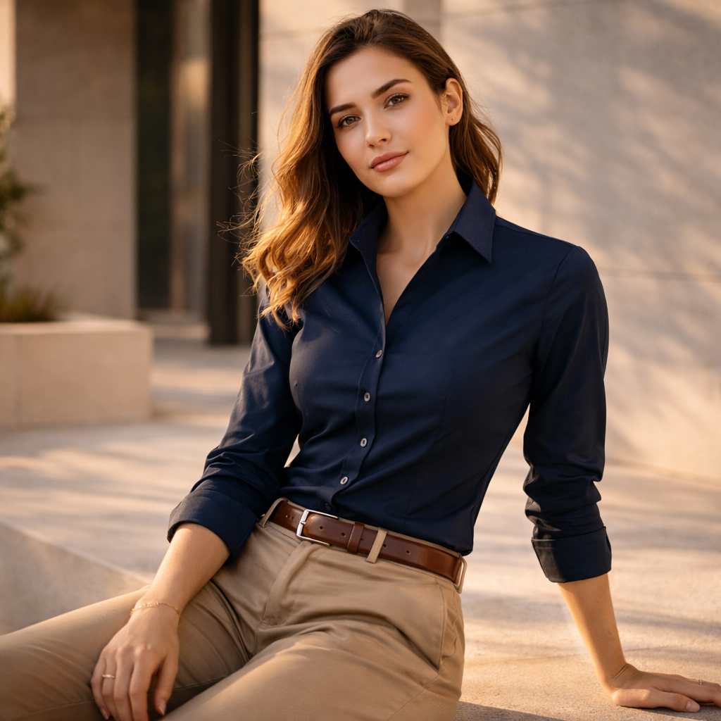 Ladies Bentleigh LS shirt in navy blue with rolled cuffs